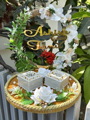 Creative Horizon Artificial Flower Design Engagement Ring Tray Platter, Name Plate with Date Wood, Plastic Decorative Platter