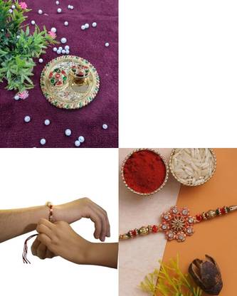 Nutts Combo Of 1 Rakhi For Brother With Flower Round Shape Haldi Chandhan Holder Plate Plastic Decorative Platter