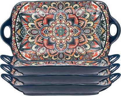 Ezyhome 4Pcs Serving Platter, Ceramic Plates with Double Handle 12.5in Colorful Plate Ceramic Decorative Platter