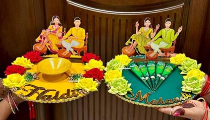 Unique Palette Beautiful Haldi & Mehndi Platter For Wedding Marriage Plate Decorative Tray Wood Decorative Platter