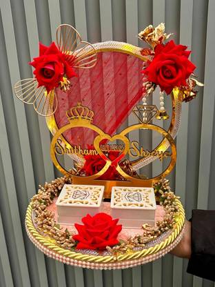 Creative Horizon Artificial Flower Design Engagement Ring Tray Platter, Name Plate with Date Wood, Plastic Decorative Platter