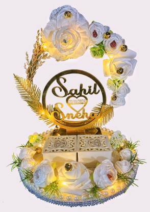 Creative Horizon White Rose Artificial Flower Design Engagement Ring Tray Platter, Ring Plate Wood, Plastic Decorative Platter