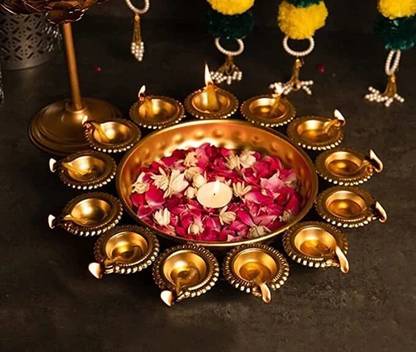 HYATT CREATION Urli Bowl with Diya Tealight Holders for Home Diwali Floating Flower Table Pooja Iron Decorative Platter