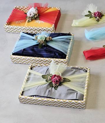 Satyam Kraft 3 Pcs Golden Multipurpose Decorative Paper Box with Ready-to-use Net Fabric Band Paper Decorative Platter