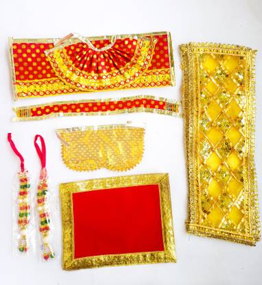 Riddhi Golden Line Lakshmi Ji Ganesh Ji, Vastra/Poshak/ Lehenga Chunri , Dhoti , Puja Aasan Combo Dress
