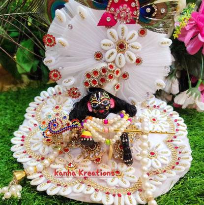 kanha kreations Krishna White Shimmer Dress set with Floral Work, Size 5, Ornaments with Dress