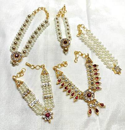 Krishnsakhi 5 Ganesh Ganpati Necklace Haar of Pearls & Gems Set for Home Mandir Decoration Deity Ornament