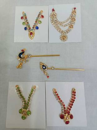 DURGA HOSIERY Laddu Gopal Ji 4 Stone Multicolour Mala and Desighner2 Bansuri (combo) Deity Ornament
