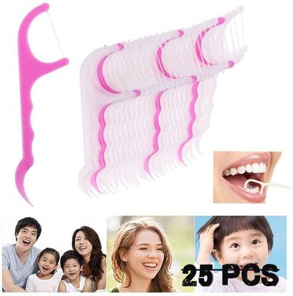 Red Champion 3in1 Dental Tooth Dental Floss Toothpick Plastic Set for Clean Teeth (Set of 25)