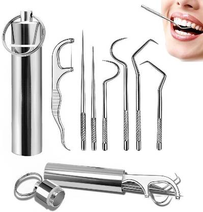 FLOSTRAIN Dental Tools, 7 in 1 Stainless Steel Teeth Cleaning Tool Kit