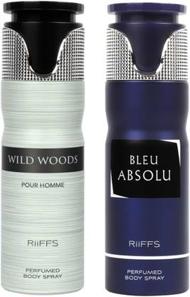 RiiFFS Set of 2 Premium, Wild Woods & Bleu Absolu, Fresh Fragrance Deodorant Spray  -  For Men