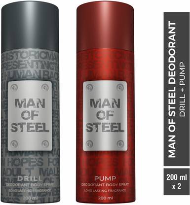 DENVER Combo of Man Of Steel Drill + Pump Long lasting Deodorant Spray – For Men  (400 ml, Pack of 2)
