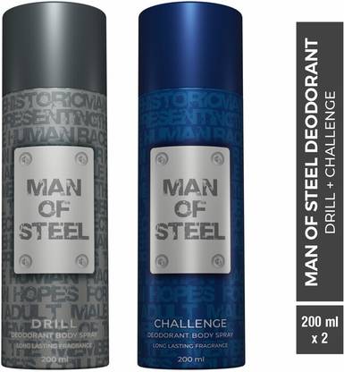 DENVER Combo of Man Of Steel Drill + Challenge Long lasting Deodorant Spray – For Men  (400 ml, Pack of 2)