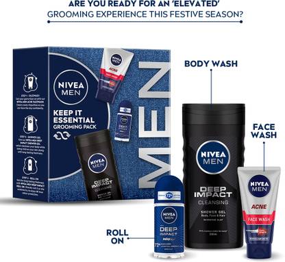 Nivea Men Combo, Gift Hamper for Men, With Body Wash, Face Wash & Roll On, Cleanser Deo Deodorant Roll-on  -  For Men