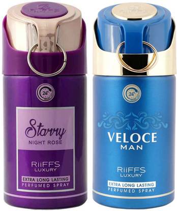 RiiFFS Set of 2 Premium, Starry Night Rose & Veloce Man, Fresh Fragrance Deodorant Spray  -  For Men & Women