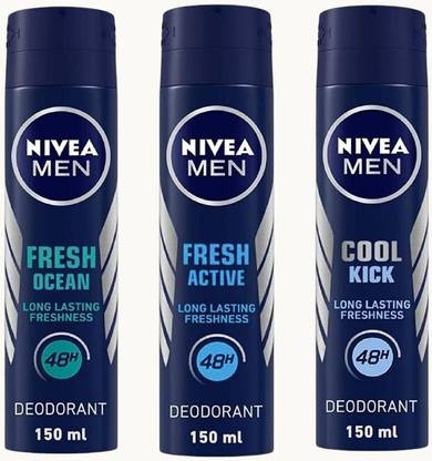 NIVEA new Fresh Ocean Deo,Fresh Active Deo, Cool Kick Deo 150 ml (Pack of 3) # 168 Deodorant Spray  -  For Men