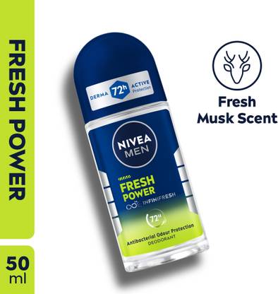 Nivea Men Fresh Power, Antibacterial 72h Protection, 0% Alcohol, Fresh Musk Scent Deodorant Roll-on  -  For Men