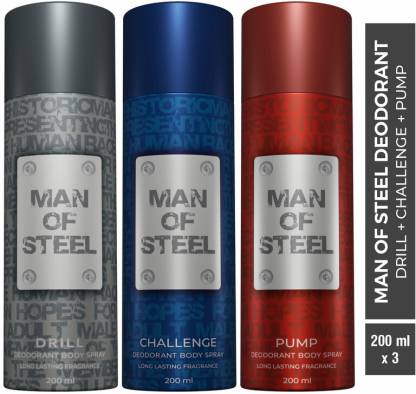 DENVER Combo of Man Of Steel Drill + Challenge + Pump Long lasting Deodorant Spray  -  For Men
