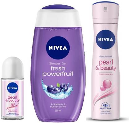 NIVEA Pearl & Beauty Roll-on, Deodorant and Fresh Powerfruit Shower Gel (Pack of 3) Deodorant Roll-on – For Women  (450 ml, Pack of 3)