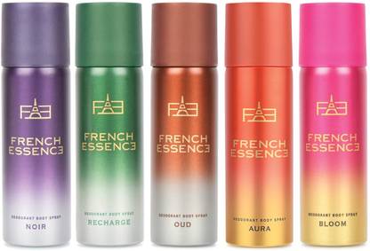 FRENCH ESSENCE Luxury Combo Pack Noir,Recharge,Oud,Aura & Bloom (50ml Each) Long Lasting Deo Deodorant Spray - For Men & Women