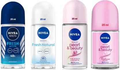 NIVEA Roll-on 25ml - Fresh Active, Fresh Natural, Pearl & Beauty P&B Radiance. Deodorant Roll-on - For Men & Women