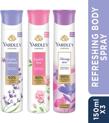 Yardley London Deo Tripack – English Lavender,English Rose,Morning Dew Deodorant Spray – For Women  (450 ml, Pack of 3)
