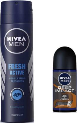 NIVEA Fresh Active 150ml Deo and Deep Impact Energy 50ml Roll On set of 2 Deodorant Spray  -  For Men