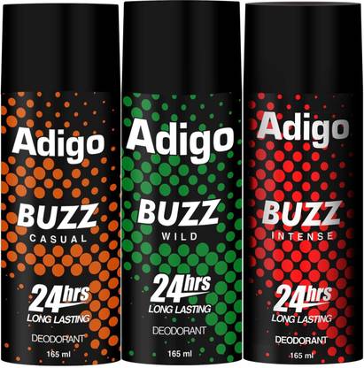 adigo Buzz Wild| Casual | Intense 24hrs Long Lasting Deodorant | 165ml Each Deodorant Spray  -  For Men