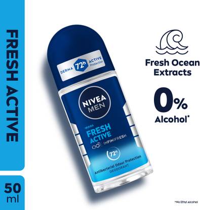 Nivea Men Fresh Active, Antibacterial 72h Protection, 0% Alcohol, Fresh Ocean Extracts Deodorant Roll-on  -  For Men