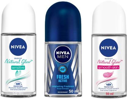 NIVEA Roll On 50ml -Natural Glow Sensitive , Fresh Active & Natural Glow Smooth Skin Deodorant Roll-on  -  For Men & Women