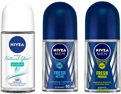 NIVEA Roll On 50ml -Natural Glow Sensitive , Fresh Active & Fresh Power Deodorant Roll-on  -  For Men & Women
