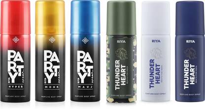 RIYA Mauj, Monk, Hyper, Thunder Heart Green, Blue & White | Combo of 6 | Body Spray Deodorant Spray  -  For Men