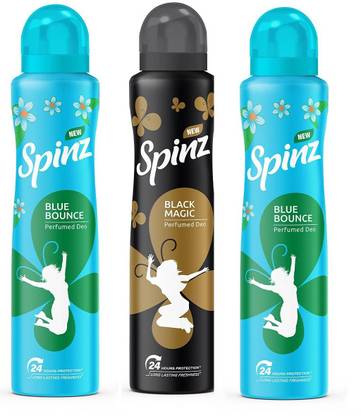 Spinz 2 BLUE BOUNCE , 1 BLACK MAGIC DEODORANT,150 ML EACH , PACK OF 3 . Perfume Body Spray  -  For Men & Women