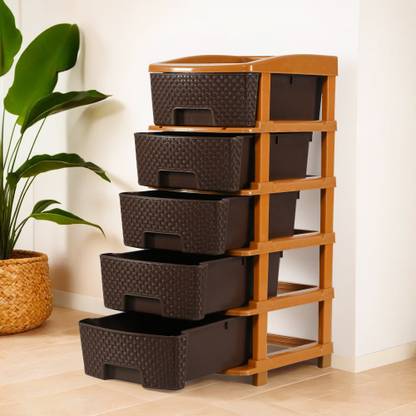 KUBER INDUSTRIES 5 Compartments Plastic Modular 5-Layer & 48 Ltr Plastic Drawer Storage Organiser | Chocolate Brown