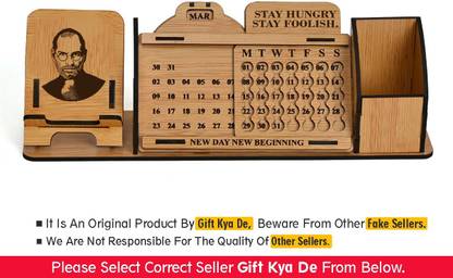 GIFT KYA DE 1 Compartments Wooden Desk Calender to Lifetime Infinite Perpetual Calendar 2023 / Mini Slide with Mobile Stand / Pen Holder (Steve Jobs)
