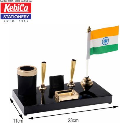 Kebica 3 Compartments Acrylic Wooden finish Decorative Pen Stand with 2 Pen Holder, Calendar and Indian Flag