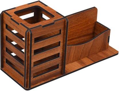 ASCELIO 2 Compartments Multi-Functional Wooden Pen and Pencil Holder with Card Holder for Office Table Elegant MDF Desk Organizer for Business-Visiting Card and Office Stationery Item
