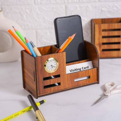 primecode 3 Compartments Wooden Pen and Pencil Holder
