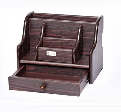 Tylos 5 Compartments Polished Wooden Pen Stand With One Big Drawer And Visiting Card Pocket