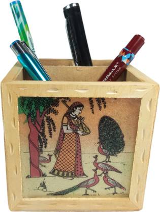 Vijay 3 Compartments Wooden Square Pen Holder/ Wooden rotating square pen holder, Rotatable