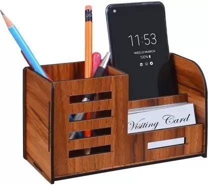 SAMWAX 3 Compartments Wooden Pen Stand With Visiting Card & Mobile Holder For Office Table Organizer Wooden Pen / Pencil Stand With Visiting Card & Mobile Holder For Desk Organizers