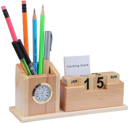 OCHHAV 2 Compartments Pen Stand with Calender, Clock, Business Visiting Card and Mobile Holder | Multipurpose Desk Organizer Pen And Pencil Holder For Office And Study Table