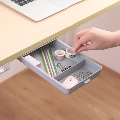 PURCHASE ZONE 2 Compartments Sleek Under The Table Large Hidden Drawer & Self-Adhesive DIY Desk Organizer/Slide out Storage Tray for Home & Office