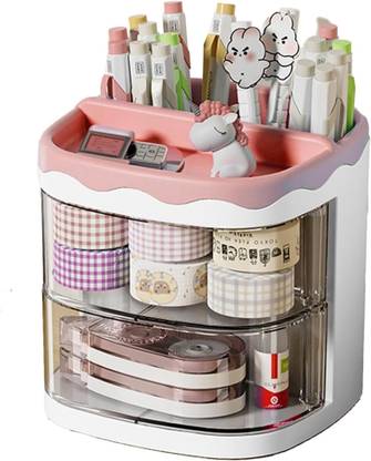 HOUSE OF QUIRK 4 Compartments Plastic Stationery Storage Box With Rotating Drawer Pen Holder Desktop -11X11X11.5 Cm
