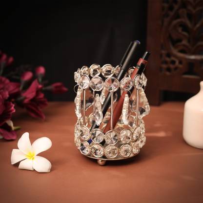 ServDharm 1 Compartments Brass & Crystal Multipurpose Brass Pen Stand Holder For Office Table Accessories Desk Organizer