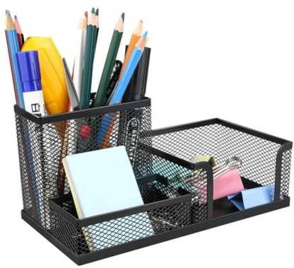 DeskFlex 3 Compartments Metal Stationery Items Organizer for Office and Home Table Top Pen Pencil Holder