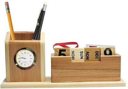 craftssrw 3 Compartments MDF and Wooden Pen Stand with Name, Table Watch & Calendar