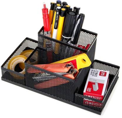 DeskFlex 4 Compartments Metal Stationery Items Organizer for Office and Home Table Top Pen Pencil Holder