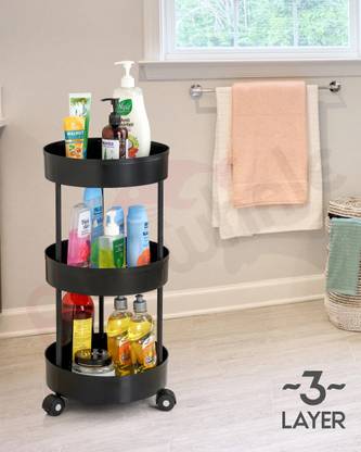 Pinkwhale 3 Compartments Plastic Round Shape Storage Trolly (Black)