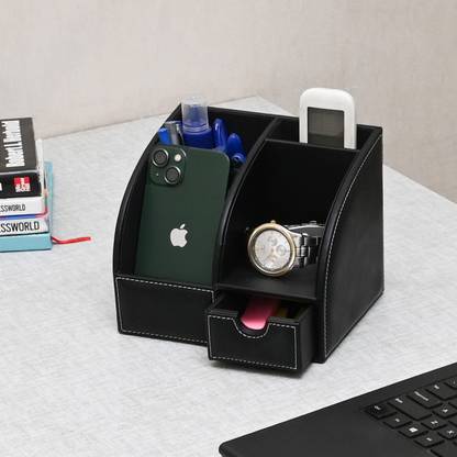 CLADD INTERNATIONAL 4 Compartments Vegan Leather Sliding Drawer Office Accessories Storage Table Top Caddy Sort Pen, Pencil